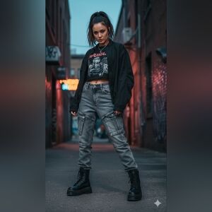 Bauhaus Deluxe Y2K Grey Multi-Pocket Utility Jeans 32 Tall | Streetwear Tomboy